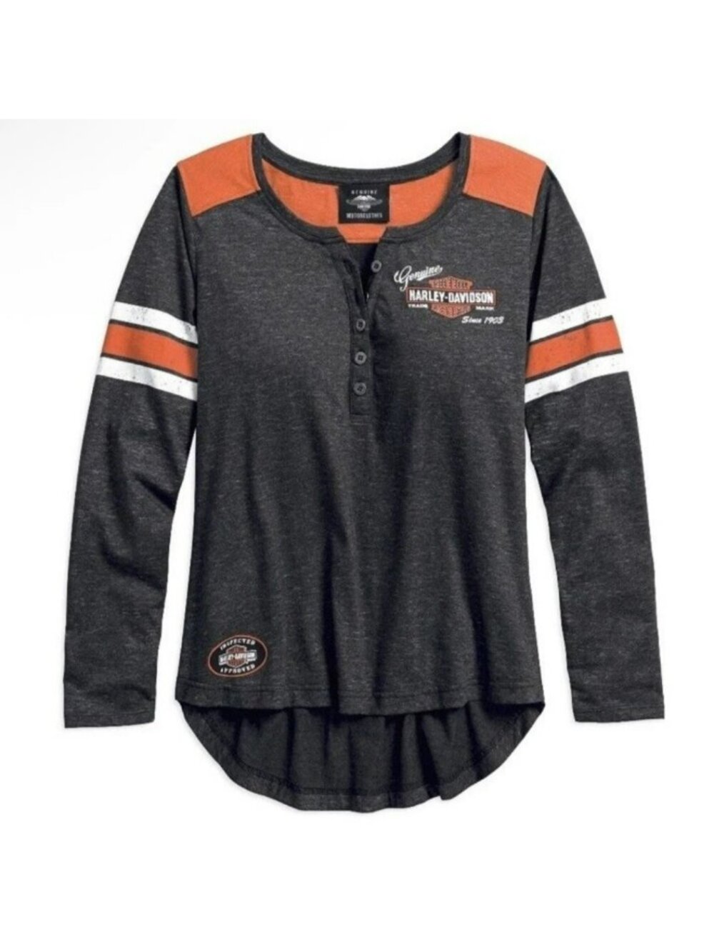 Harley Davidson Womens L Shirt Charcoal Gray Genuine Oil Can Henley 99070-18VP